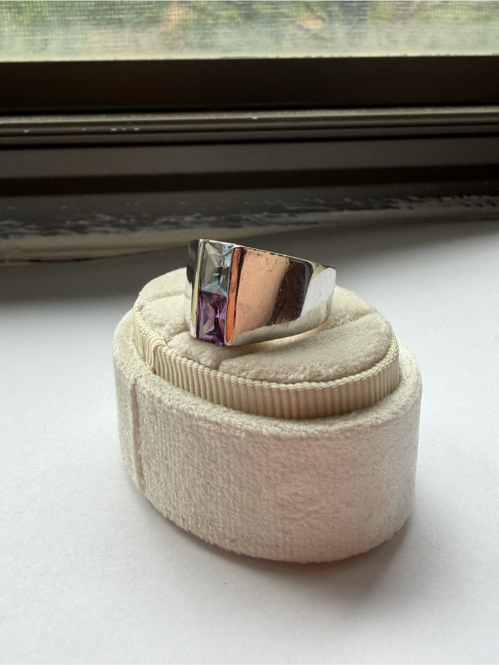 Silver Two-Gem Blue & Purple Ring Size 9 Chunky Modernist Statement Cocktail - Picture 3 of 8